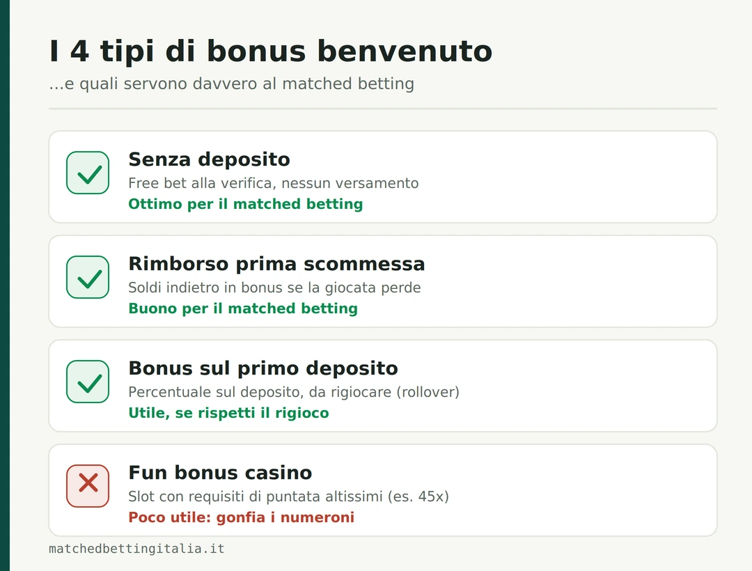 I quattro tipi di bonus benvenuto: senza deposito (free bet alla verifica), rimborso sulla prima scommessa, bonus sul primo deposito con rigioco, fun bonus casino con wagering alto; i primi tre sono utili al matched betting, il quarto poco