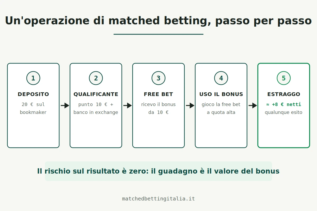 Le cinque fasi di un'operazione di matched betting: deposito, scommessa qualificante, free bet, uso del bonus e prelievo del guadagno netto