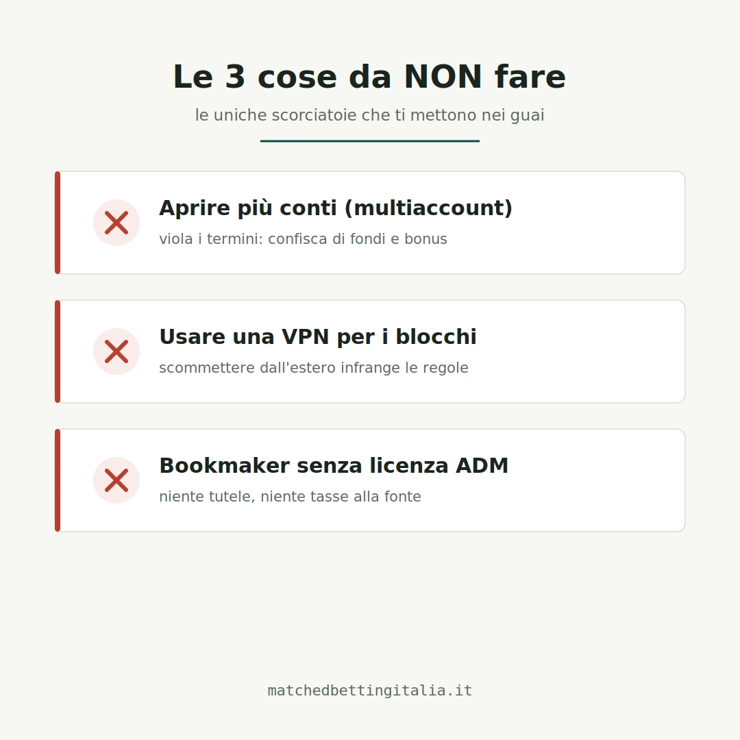 Le tre cose da non fare nel matched betting: aprire più conti (multiaccount), usare una VPN per aggirare i blocchi, usare bookmaker senza licenza ADM