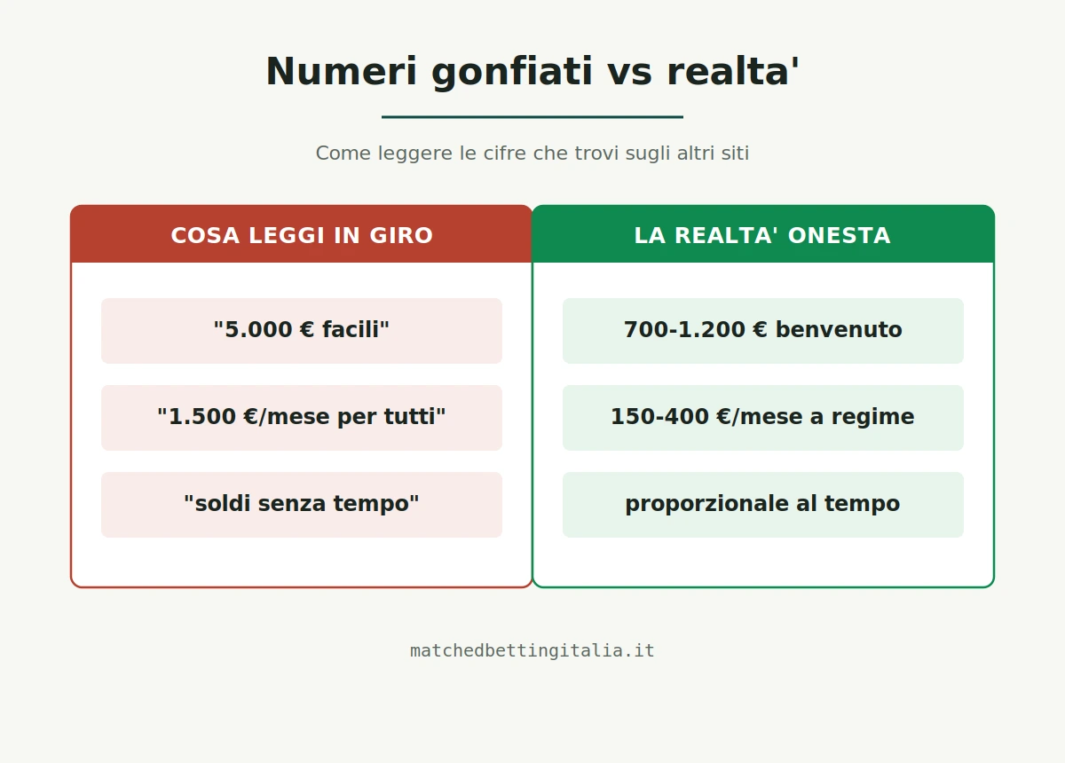 Confronto tra i guadagni gonfiati promessi da molti siti e i numeri realistici del matched betting: 700-1.200 euro nella fase benvenuto e 150-400 euro al mese a regime