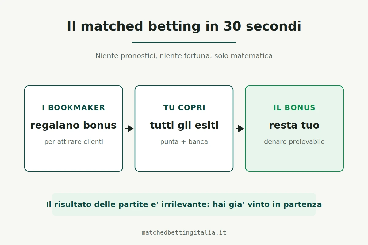 Il matched betting spiegato in 30 secondi: i bookmaker regalano bonus per attirare clienti, tu copri tutti gli esiti con punta e banca, il bonus resta tuo come denaro prelevabile