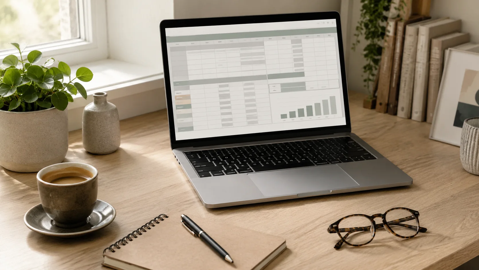 Una scrivania di casa ordinata con laptop, caffè e quaderno di appunti: il matched betting si pratica da casa, con metodo e pochi strumenti