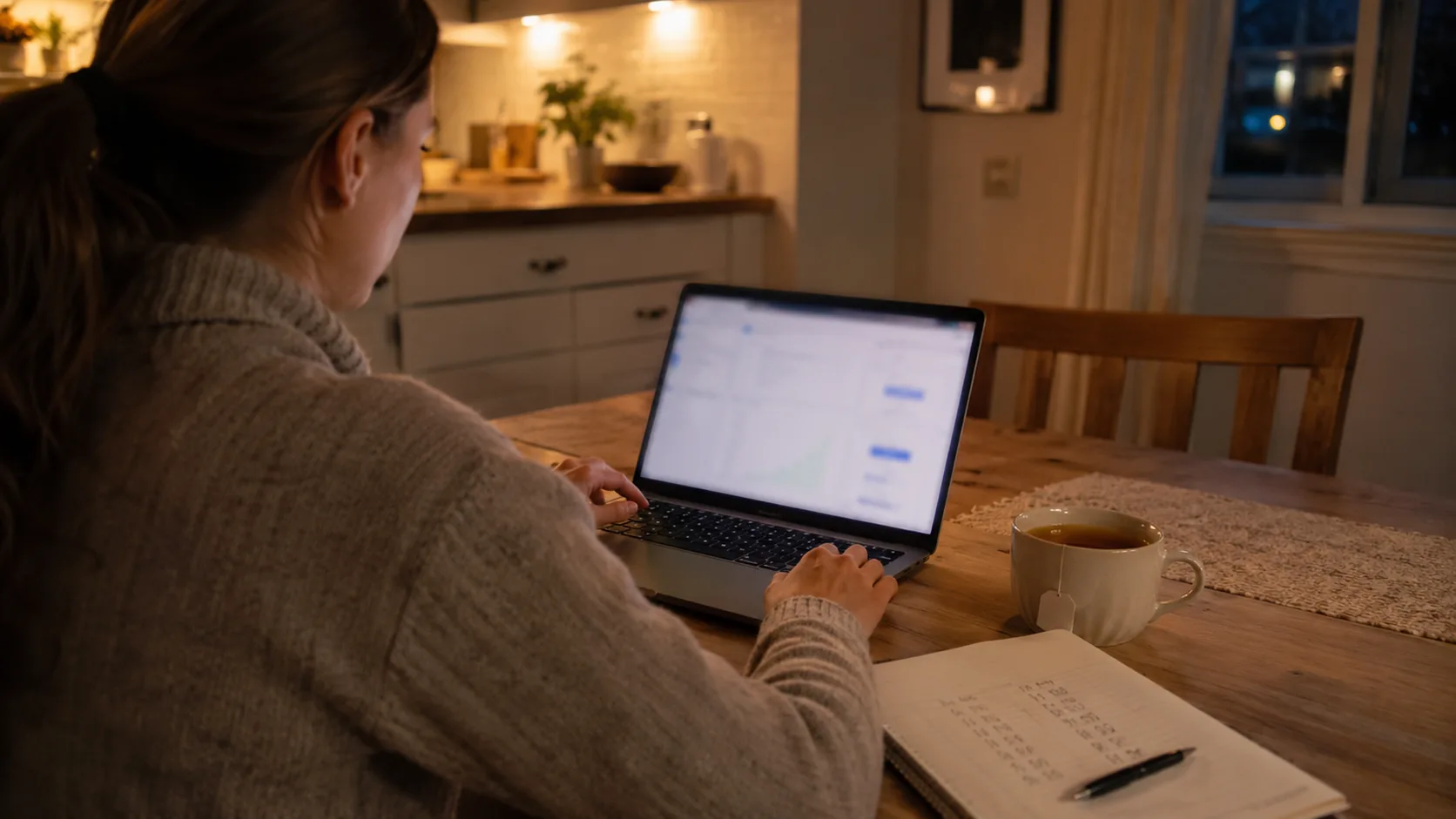 Una persona controlla con calma le quote sul laptop durante la routine quotidiana di matched betting, con un quaderno di conti accanto