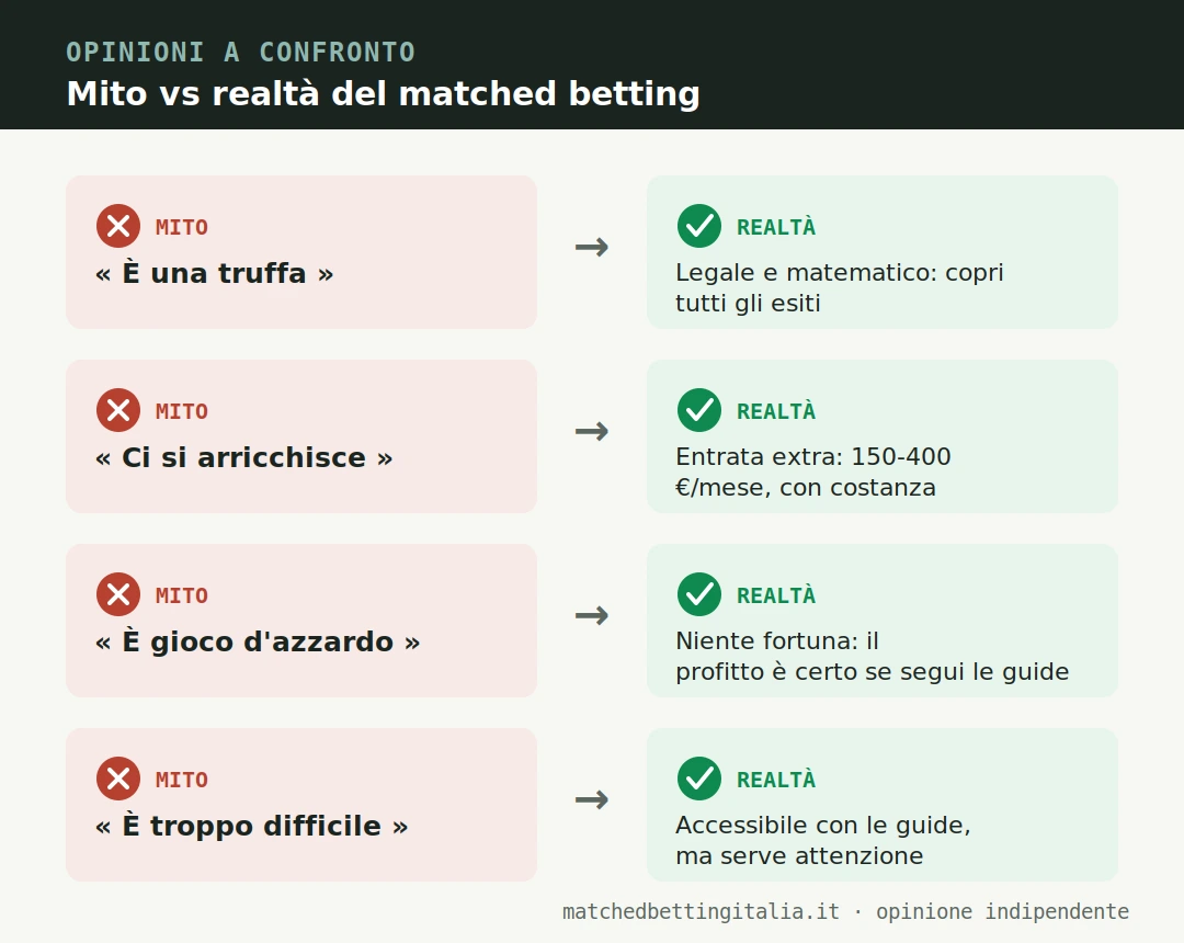 Mito contro realtà del matched betting: non è una truffa ma è legale e matematico; non si diventa ricchi ma è un'entrata extra realistica; non è azzardo perché copre tutti gli esiti; non è impossibile ma richiede attenzione