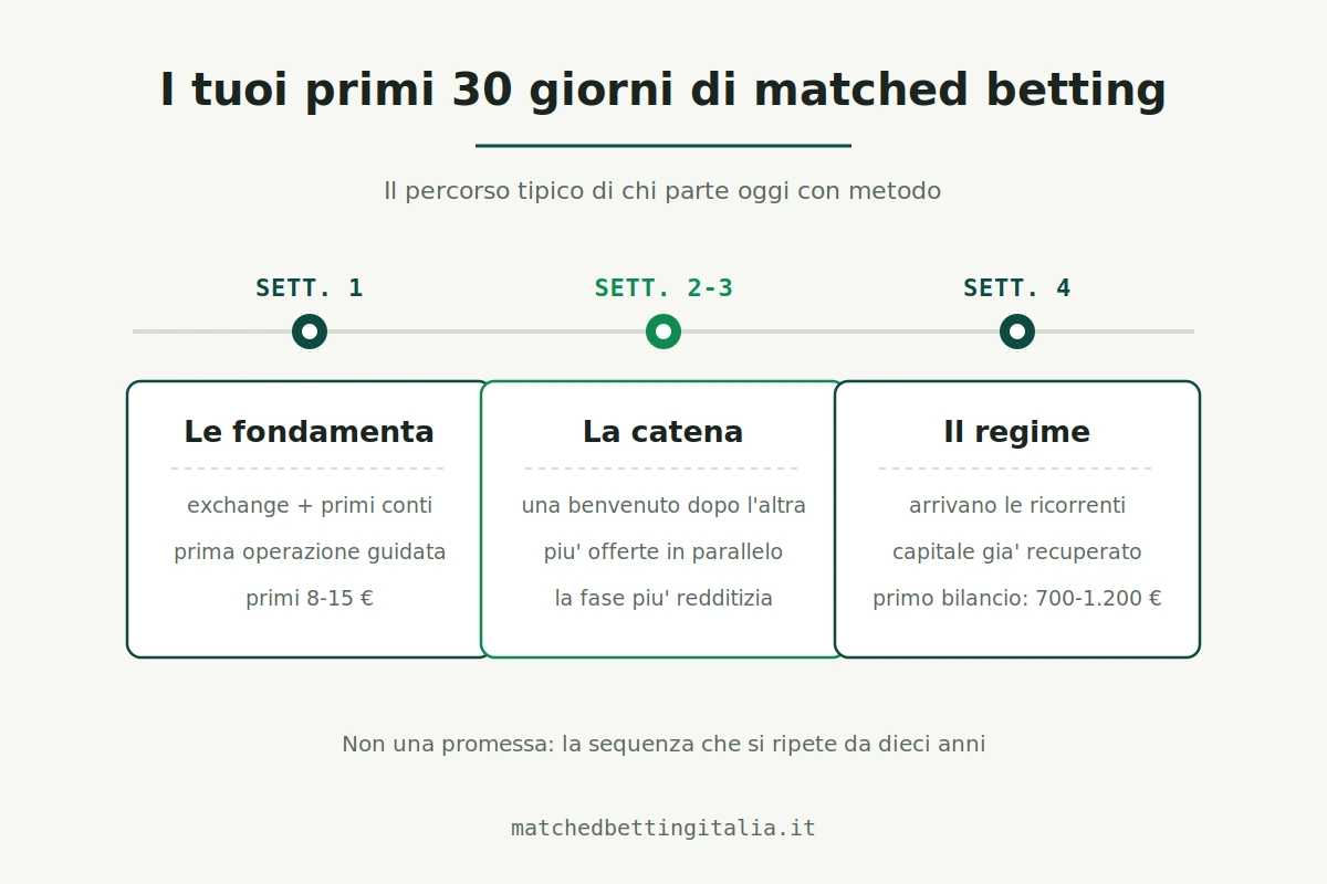 Timeline dei primi 30 giorni di matched betting: settimana 1 le fondamenta e la prima operazione, settimane 2-3 la catena dei bonus di benvenuto, settimana 4 il regime delle offerte ricorrenti