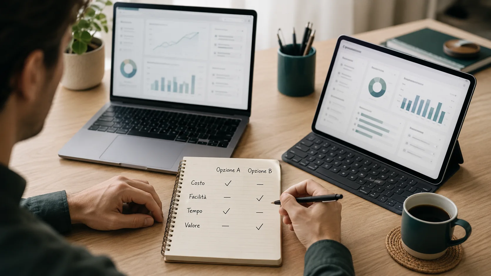 Scrivania con due schermi a confronto che mostrano due piattaforme di matched betting, con un taccuino dove sono annotati i criteri di valutazione