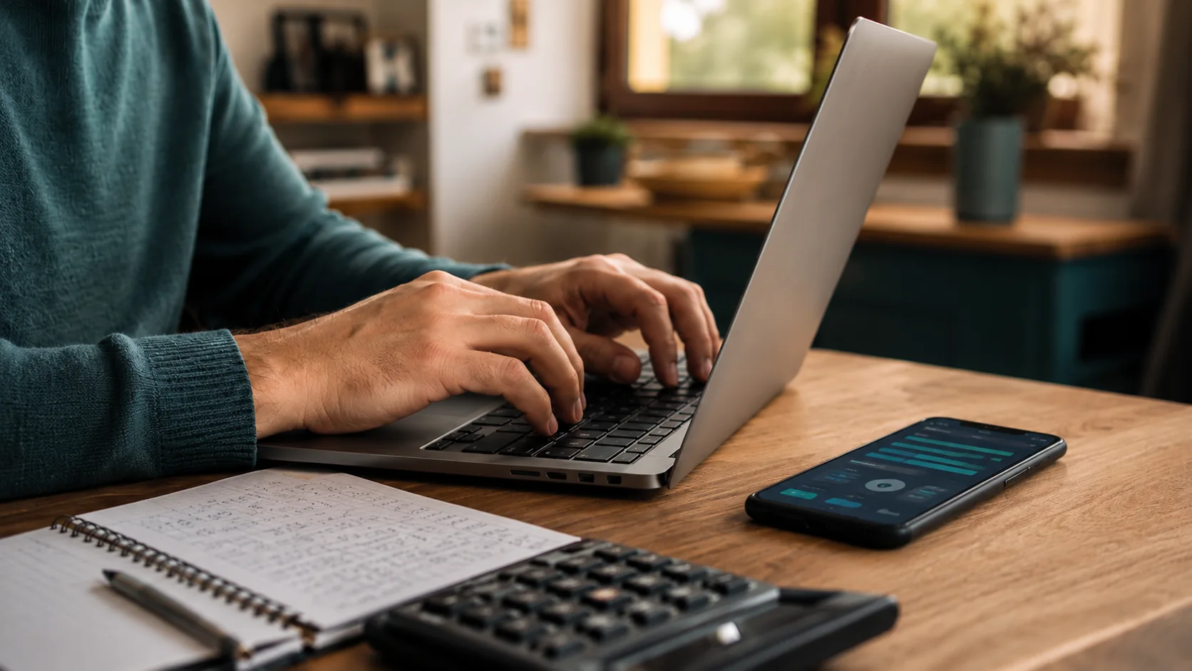 Scrivania con laptop e smartphone affiancati per fare matched betting con NinjaBet, taccuino con i conti a mano