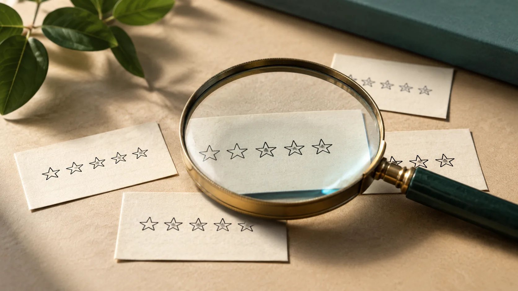 Una lente d'ingrandimento appoggiata su alcuni cartoncini con stelline di valutazione, a simboleggiare l'analisi attenta delle recensioni