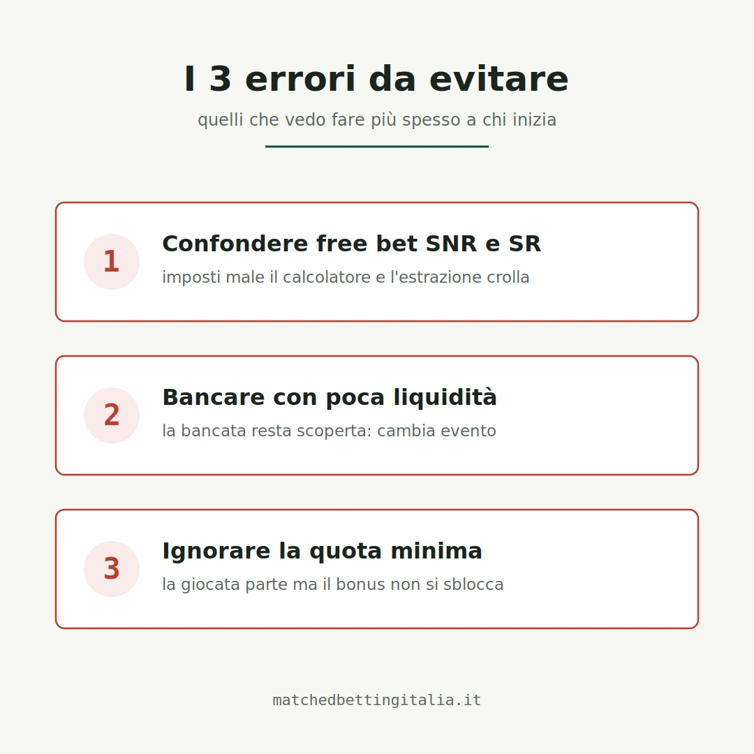 I tre errori più comuni nel matched betting: confondere free bet SNR e SR, bancare con poca liquidità, ignorare la quota minima del bonus